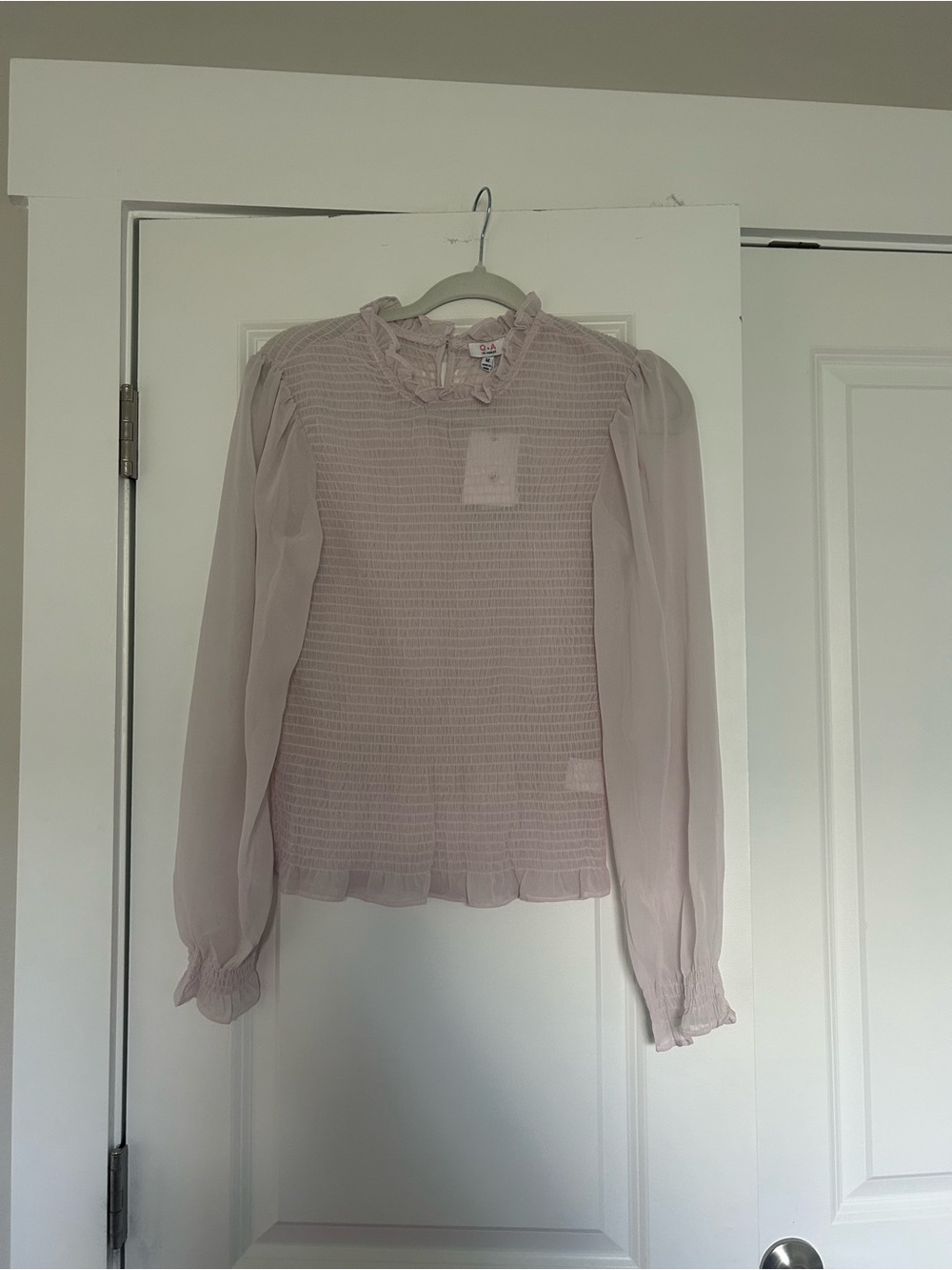 NWT Light Pink Ruffle Neck Long-Sleeve Smocked Blouse